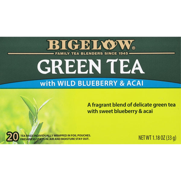 Bigelow Green Tea with Blueberry & Acai box, individually wrapped tea bags on white