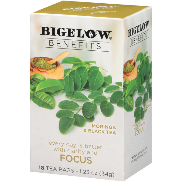 Bigelow Benefits Focus Moringa and black tea box, individually wrapped tea bags on white