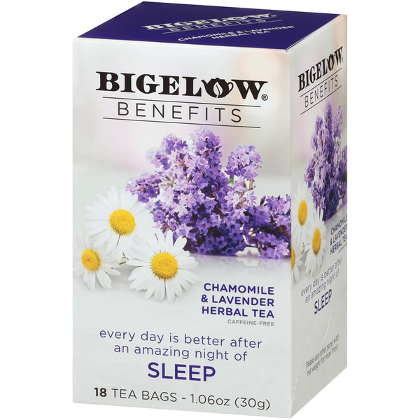 Box of Bigelow Benefits Sleep Chamomile and Lavender Herbal Tea with 18 tea bags. packaging features images of chamomile and lavender flowers.