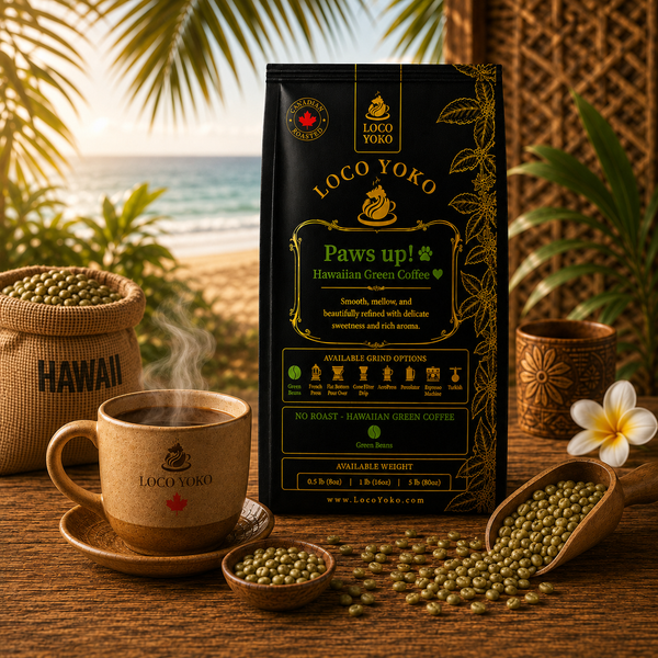 LocoYoko Paws up Hawaiian green coffee bag with celebratory paw-themed branding.