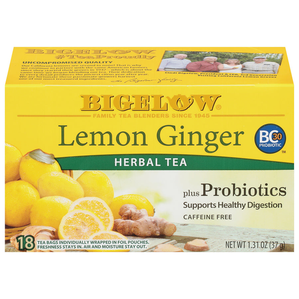 Bigelow Lemon Ginger plus Probiotics herbal tea box