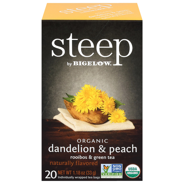 steep by Bigelow Organic Dandelion and Peach tea box