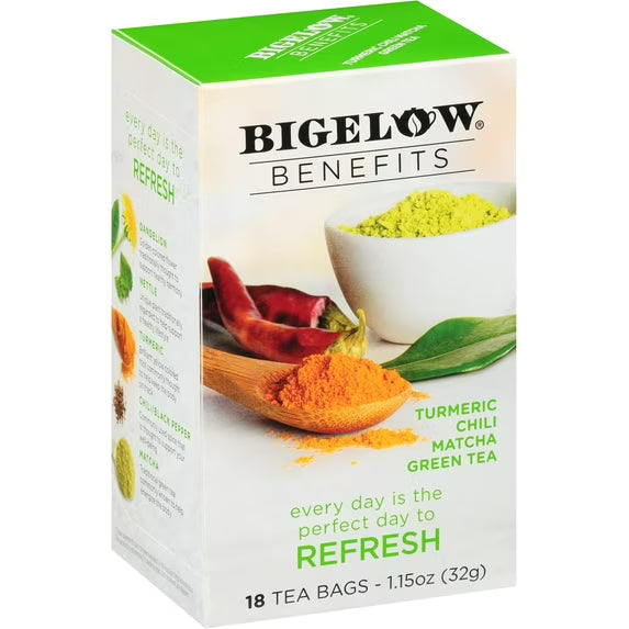 Bigelow Benefits Refresh Turmeric Chili Matcha green tea box, individually wrapped tea bags on white