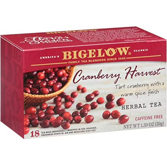 Bigelow Cranberry Harvest tea box, individually wrapped tea bags on white