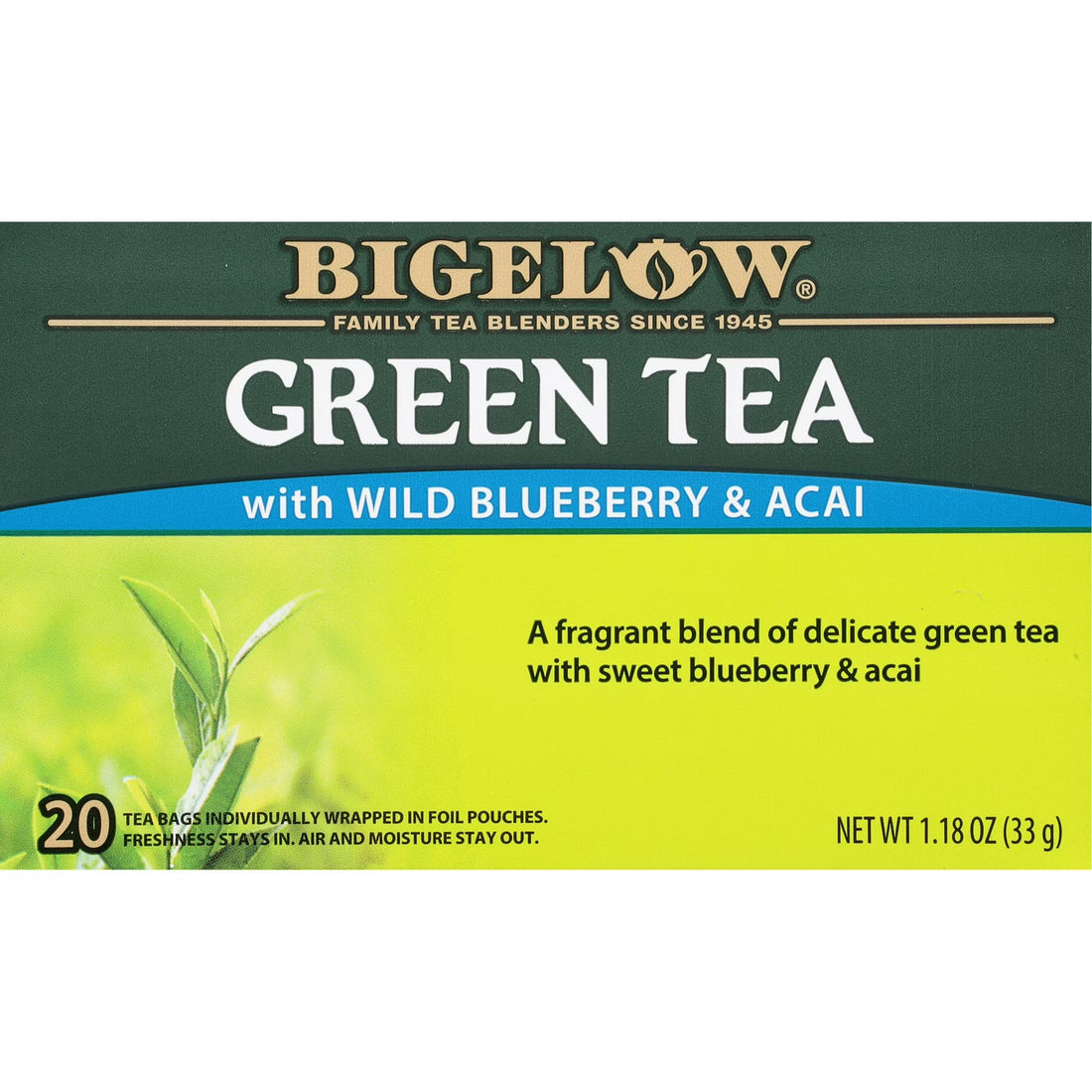 Bigelow Wild Blueberry and Acai Green Tea box with purple and blue berry fruit imagery, 20 individually wrapped tea bags on white background.