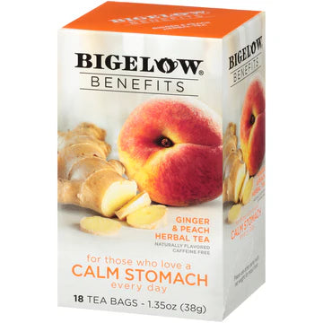 Box of Bigelow Benefits Calm Stomach Ginger and Peach Herbal Tea with images of ginger roots and a peach on the front, indicating it contains 18 tea bags.