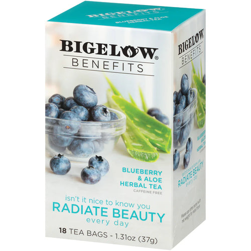 Box of Bigelow Benefits Radiate Beauty Blueberry and Aloe Tea with a picture of blueberries and tea leaves on the front.