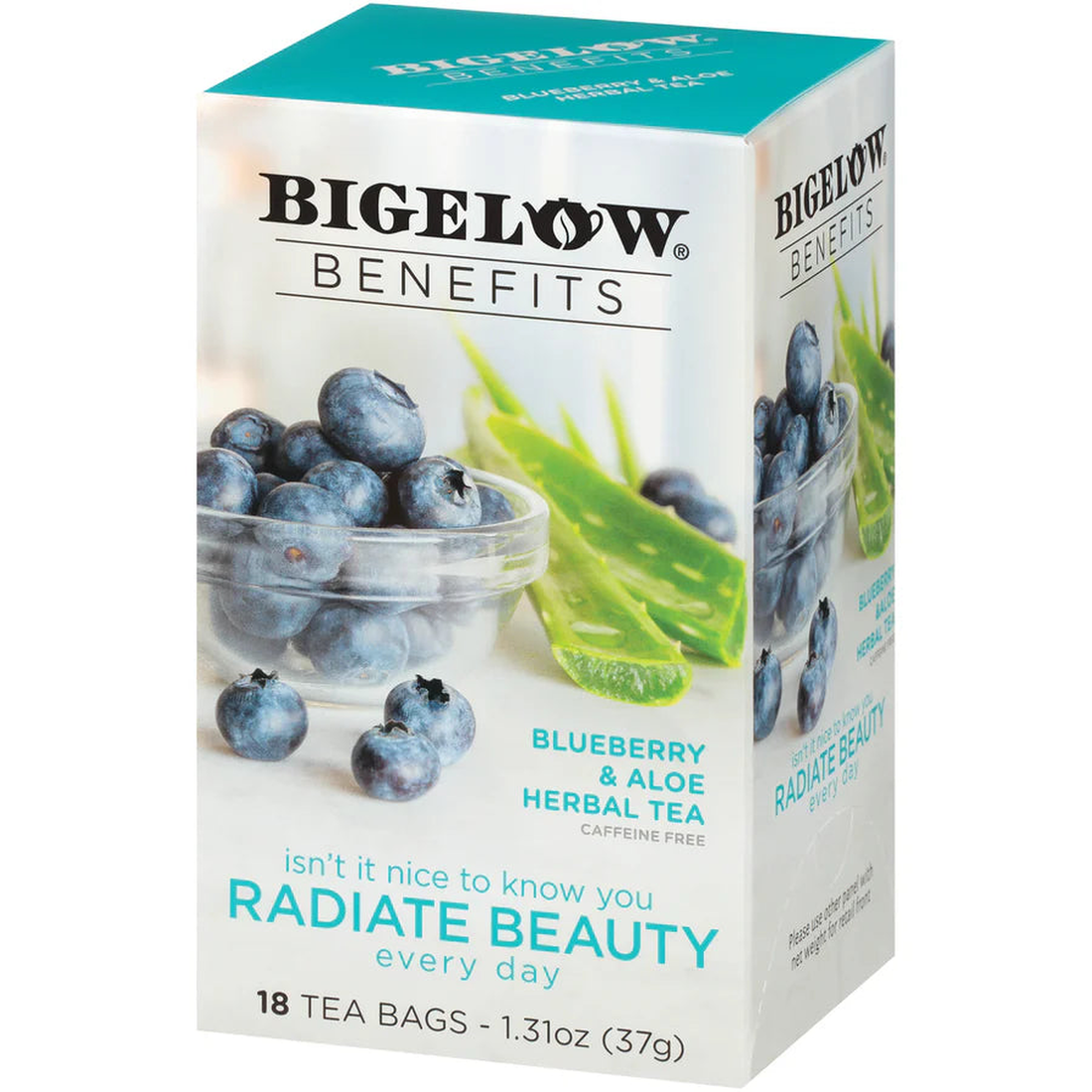 Box of Bigelow Benefits Radiate Beauty Blueberry and Aloe Tea with a picture of blueberries and tea leaves on the front.