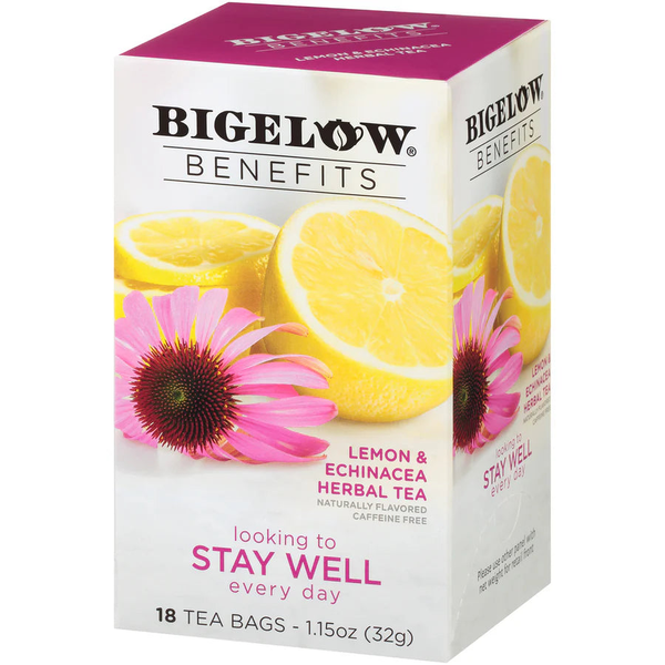 Box of Bigelow Benefits Stay Well Lemon and Echinacea Tea with images of lemon slices and pink coneflowers on the packaging.