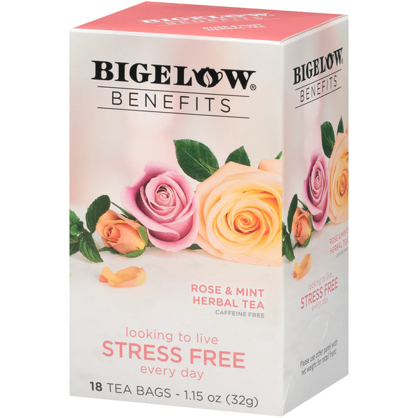 Box of Bigelow Benefits Stress Free Rose and Mint Herbal Tea with 18 tea bags. Packaging displays roses and the text highlighting the floral, minty, and calming properties of the tea.