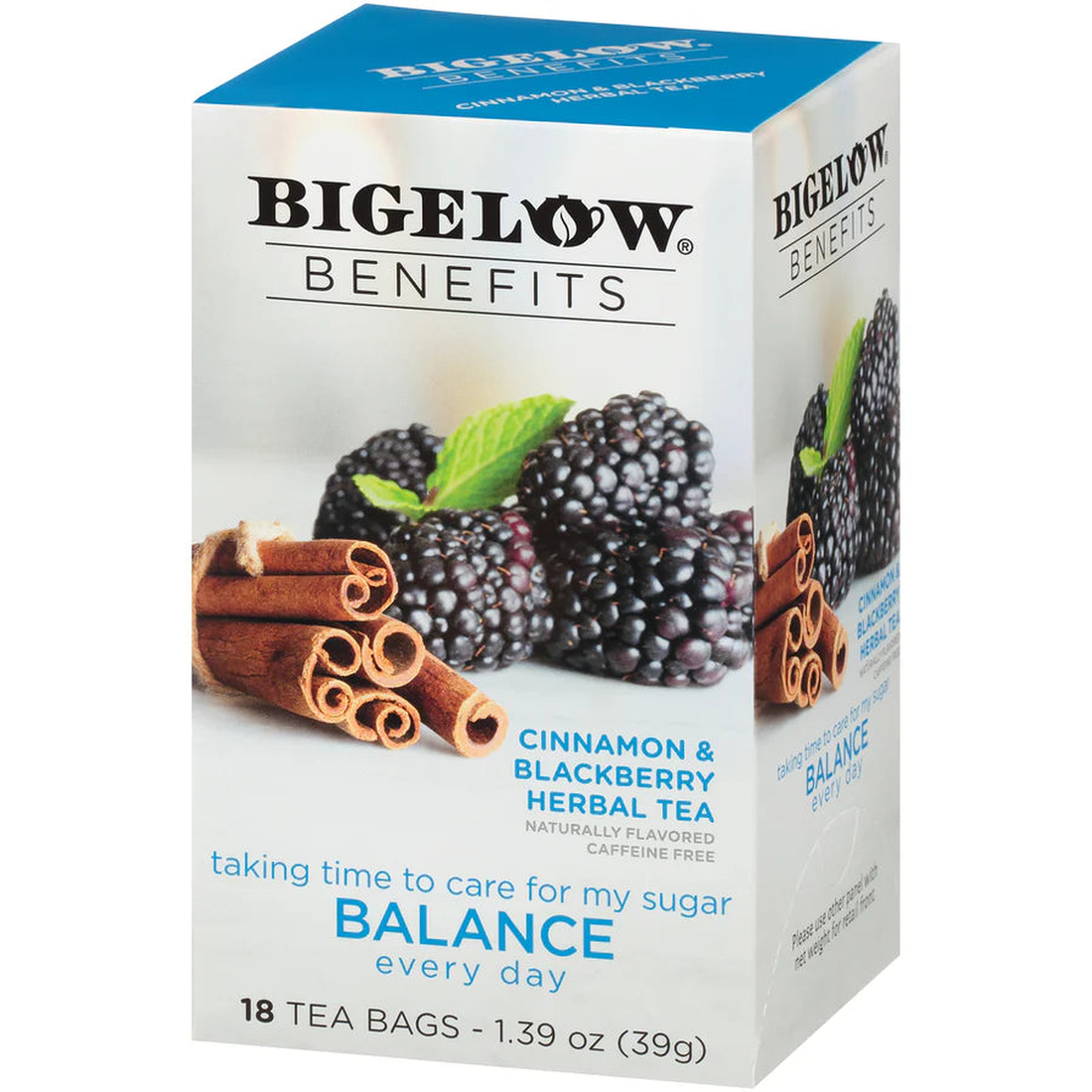 Bigelow Benefits Cinnamon Blackberry tea box, individually wrapped tea bags on white