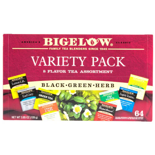 A box of Bigelow Variety Pack tea with eight different flavors including Black, Green, and Herb types of tea. The box contains 64 individually wrapped tea bags.
