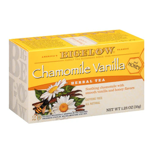 Box of Bigelow Chamomile Honey Vanilla Tea with chamomile flowers and honey depicted on the packaging.