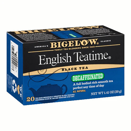 Bigelow English Teatime Decaf tea box, individually wrapped tea bags on white