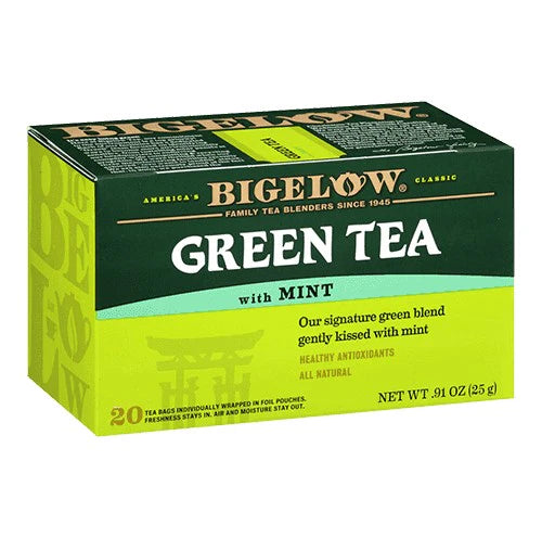 Bigelow Mint green tea box, individually wrapped tea bags on white