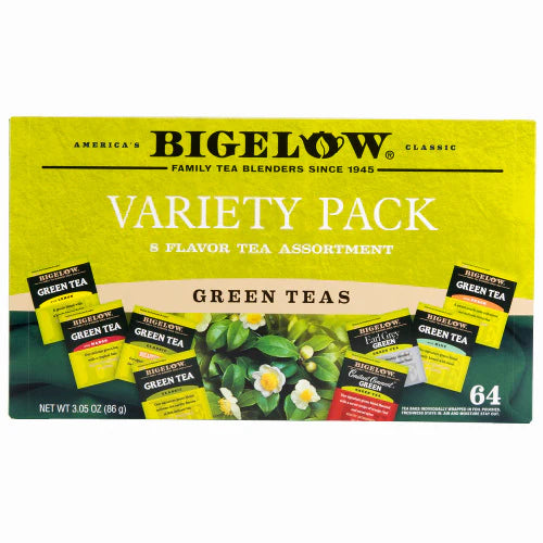 Bigelow Green Tea Variety Pack box with 64 tea bags, featuring green tea blends assortment, displayed on white background.