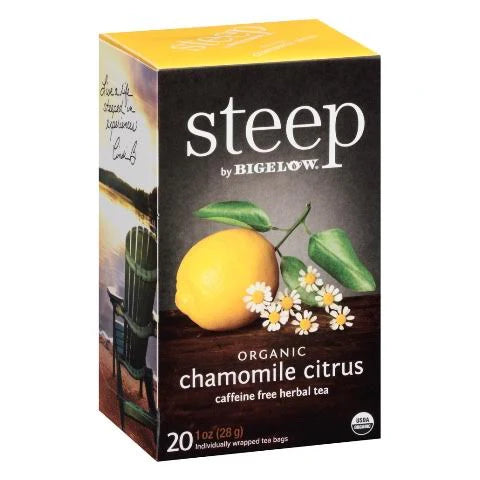 Bigelow STEEP Organic Chamomile Citrus herbal tea box, individually wrapped tea bags on white
