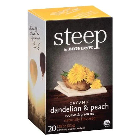 Bigelow STEEP Organic Dandelion Peach herbal tea box, individually wrapped tea bags on white