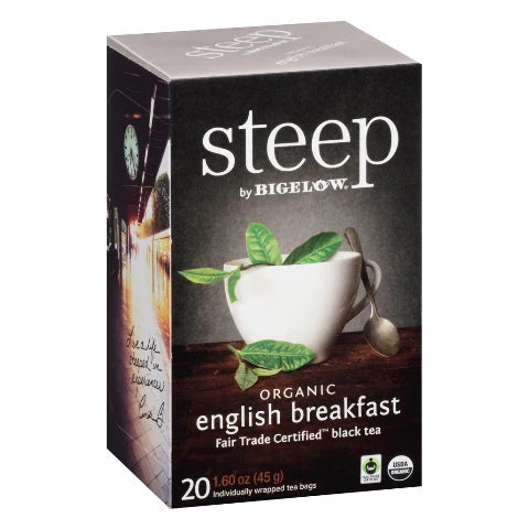 Bigelow STEEP Organic English Breakfast black tea box, individually wrapped tea bags on white