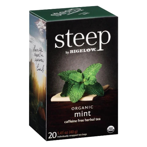 Bigelow STEEP Organic Mint herbal tea box, individually wrapped tea bags on white