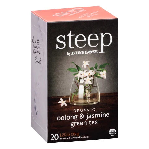 Bigelow STEEP Organic Oolong Jasmine green tea box, individually wrapped tea bags on white