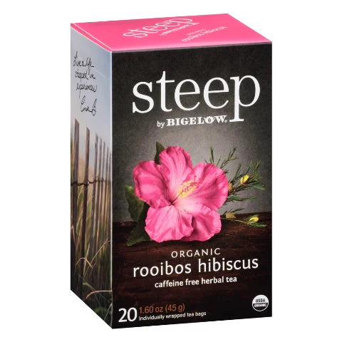Bigelow STEEP Organic Rooibos Hibiscus herbal tea box, individually wrapped tea bags on white