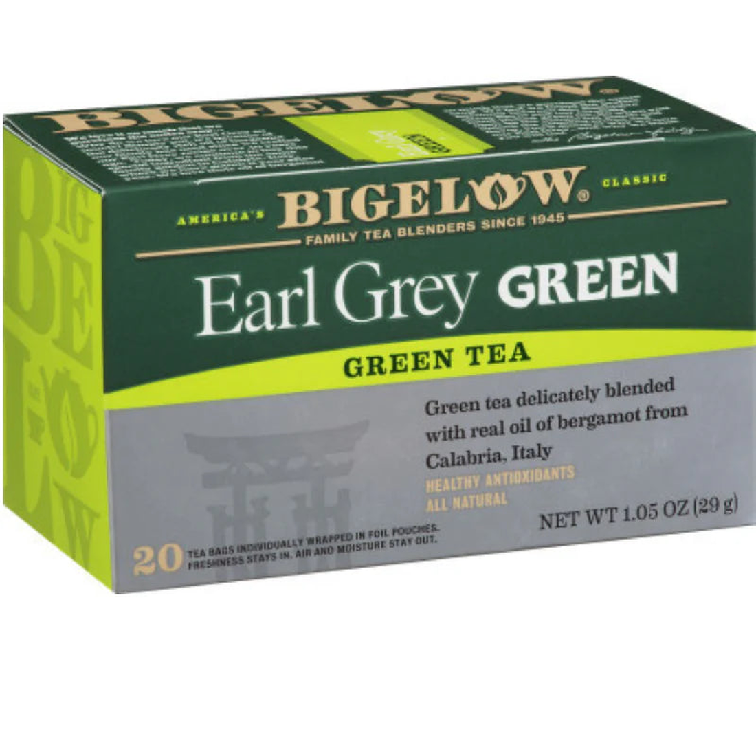 Bigelow Earl Grey Green Tea box blending classic Earl Grey with green tea, 20 wrapped tea bags displayed on white background.