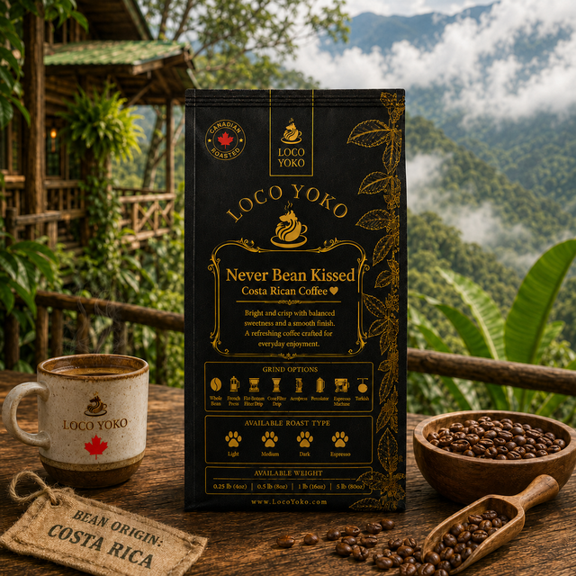LocoYoko Never Bean Kissed Costa Rican coffee bag with playful branding and visible coffee beans.