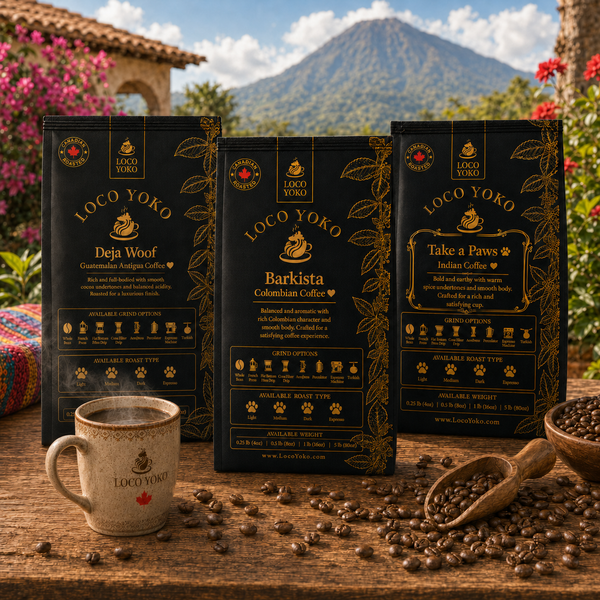 LocoYoko Best Sellers Trio Bundle — Deja Woof (Guatemalan), Barkista (Colombian) and Take a Paws (Indian) coffee bags