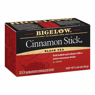 Bigelow Cinnamon Stick black tea box, individually wrapped tea bags on white