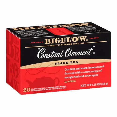 Bigelow Constant Comment tea box, individually wrapped tea bags on white