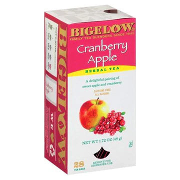 Bigelow Cranberry Apple herbal tea box, individually wrapped tea bags on white