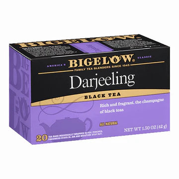 Bigelow Darjeeling black tea box highlighting the premium Darjeeling tea variety and 20 individually wrapped tea bags on white background.