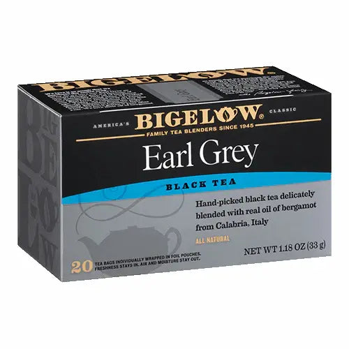 Bigelow Earl Grey black tea box, individually wrapped tea bags on white