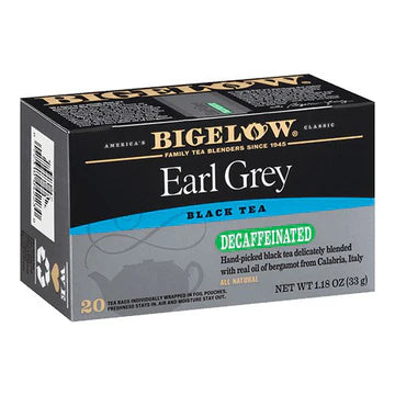 Bigelow Earl Grey Decaf black tea box, individually wrapped tea bags on white