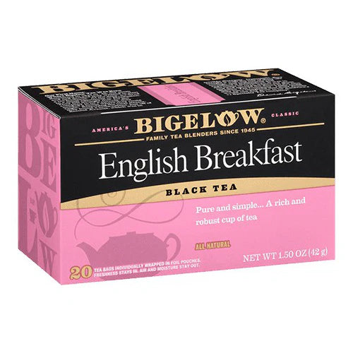 Bigelow English Breakfast black tea box with classic British tea styling and 20 tea bags per box on white background.