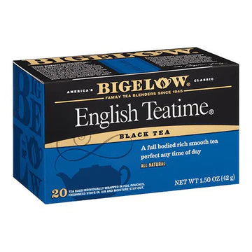 Bigelow English Teatime black tea blend box with classic British tea styling and 20 tea bags per box on white background.