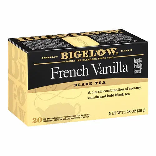 Bigelow French Vanilla black tea box with burgundy accents, showing 20 tea bags packaging on white background.