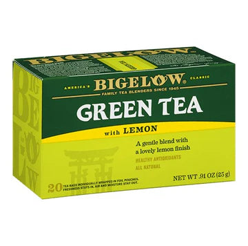 Bigelow Lemon Green Tea box with bright lemon and green tea imagery, 20 wrapped tea bags displayed on white background.