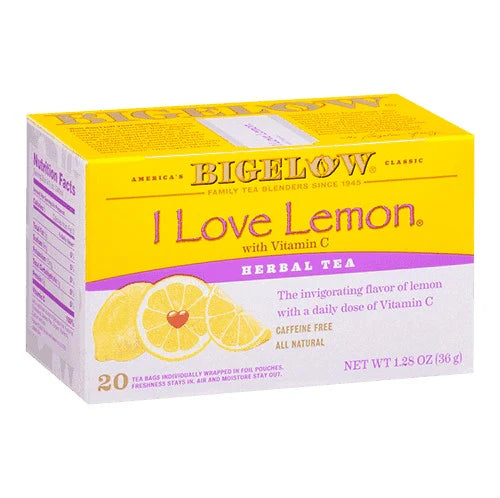 Bigelow I Love Lemon herbal tea box with cheerful lemon-focused design and 20 tea bags per box shown on white background.