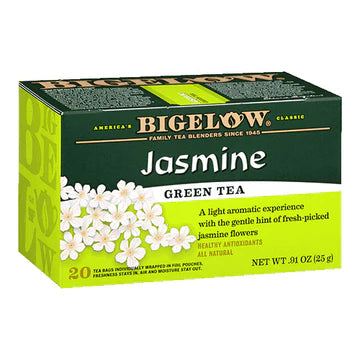 Bigelow Jasmine green tea box, individually wrapped tea bags on white