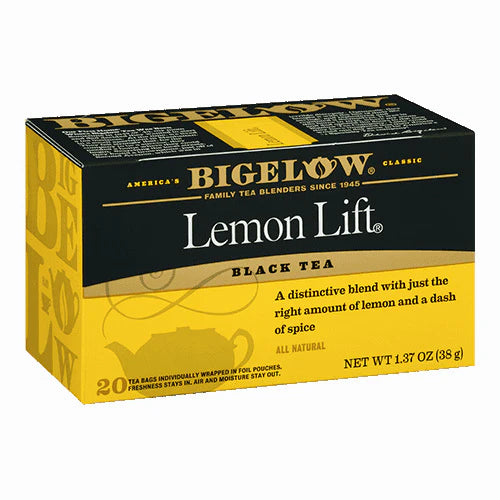 Bigelow Lemon Lift black tea box with bright yellow lemon imagery and branding, 20 individually wrapped tea bags on white background.