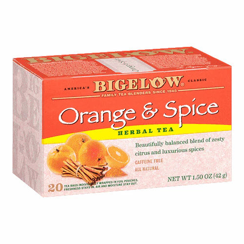 Bigelow Orange and Spice herbal tea box with warm orange and spice-inspired design, 20 wrapped tea bags on white background.