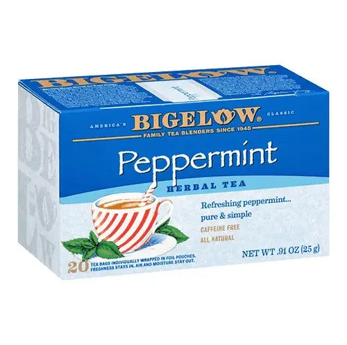 Bigelow Peppermint herbal tea box, individually wrapped tea bags on white