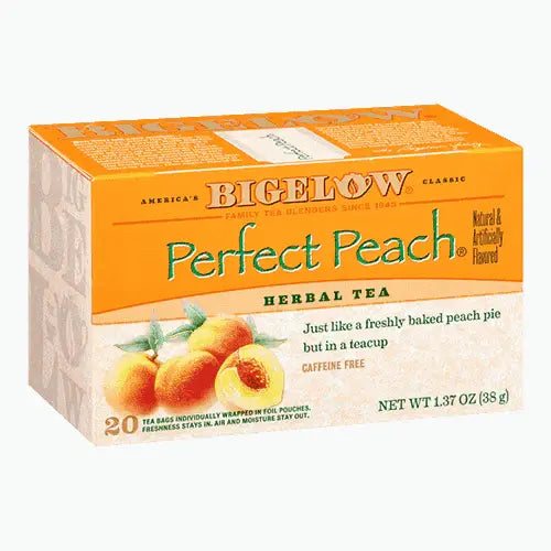 Bigelow Perfect Peach herbal tea box with peach-colored accents and 20 tea bags packaging displayed on white background.