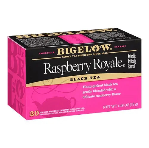 Bigelow Raspberry Royale black tea box with deep red raspberry imagery and 20 individually wrapped tea bags shown on white background.
