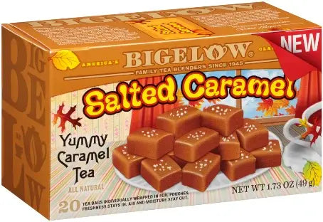 Bigelow Salted Caramel black tea box, individually wrapped tea bags on white