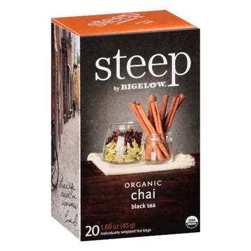 Bigelow STEEP Organic Chai black tea box, individually wrapped tea bags on white