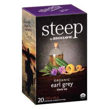 Bigelow STEEP Organic Earl Grey black tea box, individually wrapped tea bags on white