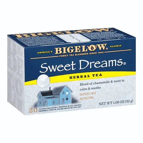 Bigelow Sweet Dreams herbal tea box, individually wrapped tea bags on white